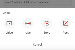 YouTube poga Izveidot stāstu.