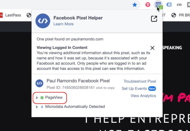 Facebook pikseļu palīgs, kas parāda lapas skatīšanas notikumu