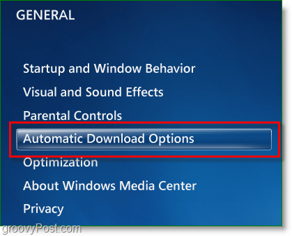 Windows 7 Media Center - noklikšķiniet uz automātiskās lejupielādes opcijas