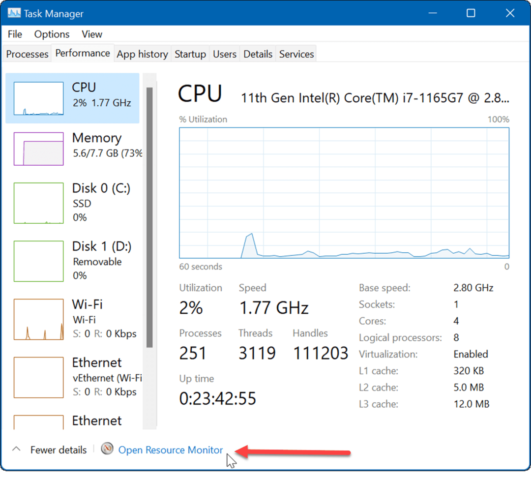 Resursu monitors labo lēnu internetu operētājsistēmā Windows 11