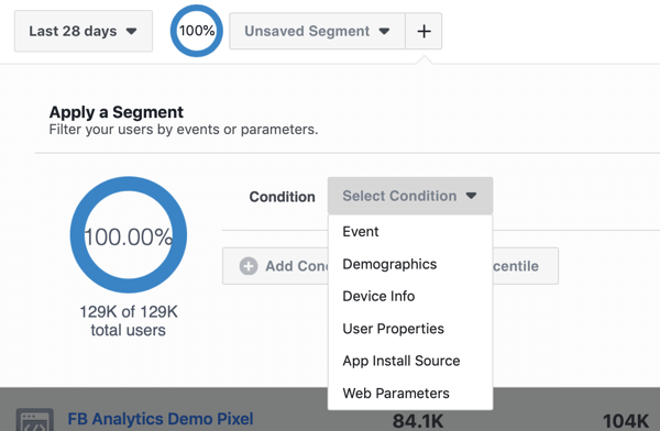 Nosacījumu opcijas segmentiem jūsu Facebook Analytics notikumu avotu grupās.