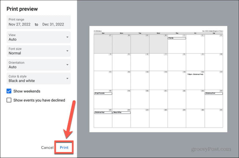 Google kalendāra drukāšanas poga