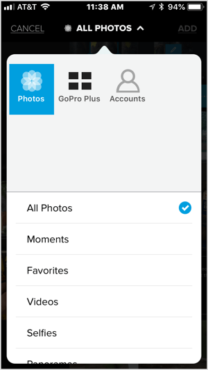 Pieskarieties ikonai + un atlasiet videoklipu vai piecus vai vairāk attēlus, kurus importēt Quik.