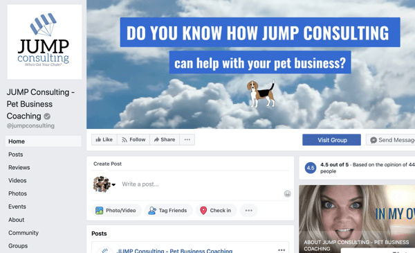 Kā izmantot Facebook grupas funkcijas, Facebook lapas piemērs JUMP Consulting