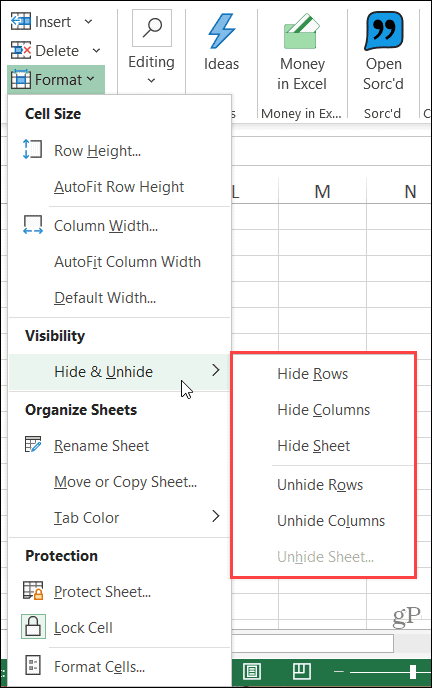 Slēpt kolonnu lenti programmā Excel programmā Windows