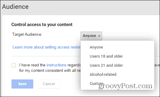 Google+ ziņas ierobežojumu iestatījumu lapā alkohols