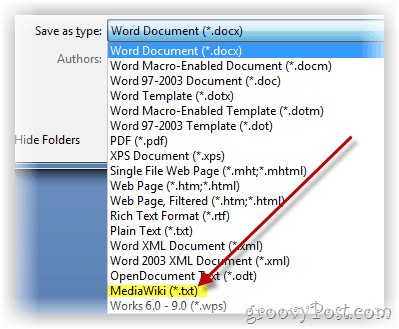 Saglabājiet Word dokumentu kā mediawiki formatētu tekstu