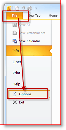 Outlook 2010 fails, izvēlne Opcijas