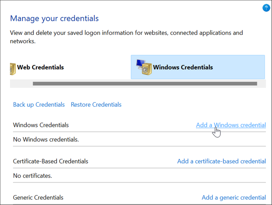 pievienojiet Windows akreditācijas datus