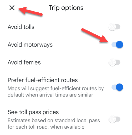 Izvairieties no automaģistrālēm pakalpojumā Google Maps mobilajā ierīcē