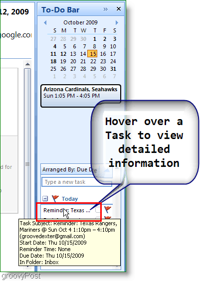 Outlook 2007 uzdevumu josla - lai iegūtu sīkāku informāciju, virziet kursoru virs vienuma