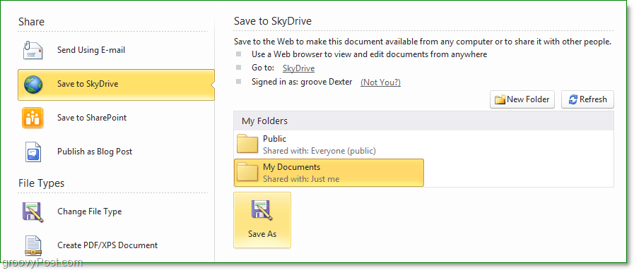 Kā es varu saglabāt failu Office 2010 skydrive