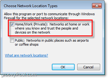 kā manuāli atlasīt tīklu Windows 7 ugunsmūra izņēmumam