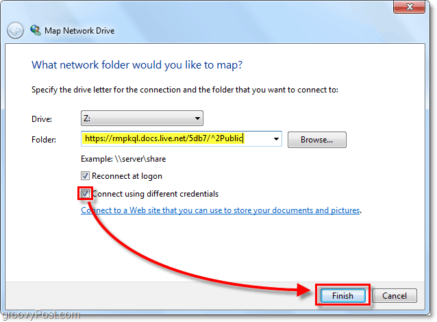 ielīmējiet Windows Live izpletņlēkšanas url uz kartētā tīkla diska opciju un pārbaudiet, vai savienojums tiek veikts dažādos akreditācijas datos, pēc tam noklikšķiniet uz Pabeigt.
