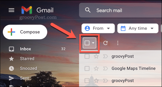 Izvēles rūtiņas ikona, lai atlasītu e-pastus pakalpojumā Gmail