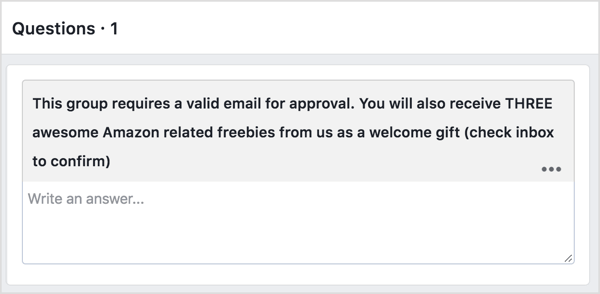 Palūdziet potenciālajiem Facebook grupas dalībniekiem norādīt savu e-pasta adresi apmaiņā pret bezmaksas piedāvājumu.