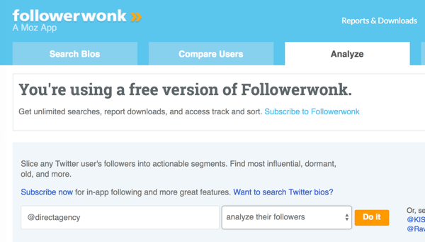 Atlasiet Twitter kontu, kuru vēlaties analizēt, izmantojot Followerwonk.