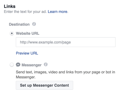 Izvēlieties Facebook Messenger reklāmas galamērķi.