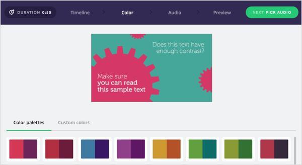 Izvēlieties savu Biteable video krāsu paleti vai izveidojiet savu.