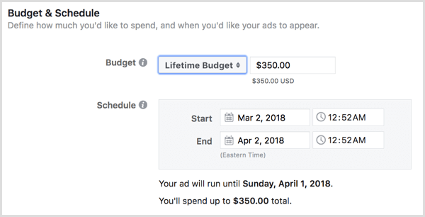 Izvēlieties reklāmām visu laiku paredzēto budžetu.