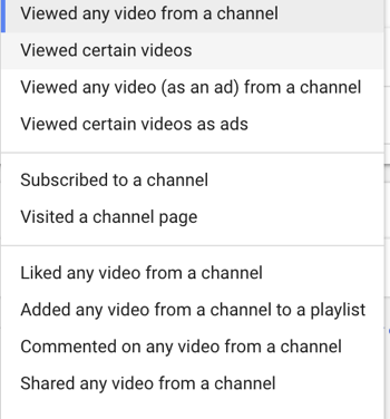 Kā izveidot YouTube reklāmu kampaņu, veiciet 27. darbību - iestatiet konkrētu atkārtota mārketinga lietotāja darbību