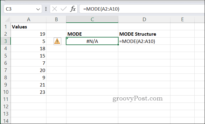 NA kļūdas piemērs programmā MODE programmā Excel