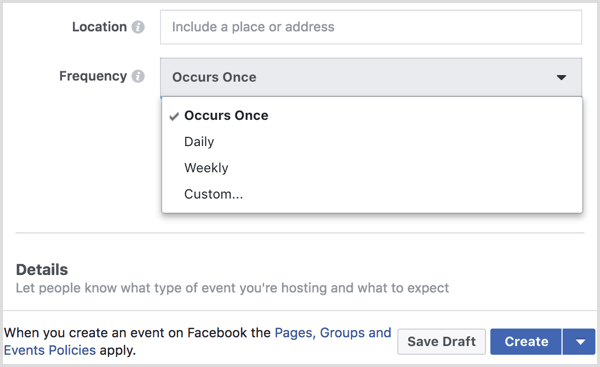 izvēlnē Frekvence atlasiet intervālu, lai izveidotu atkārtotu notikumu ar Facebook lapu