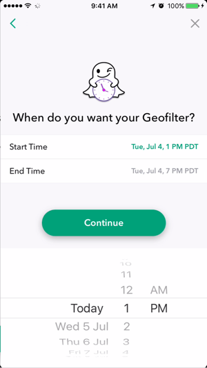 Atlasiet datumu un laiku, kad jūsu Snapchat ģeofiltrs ir aktīvs.