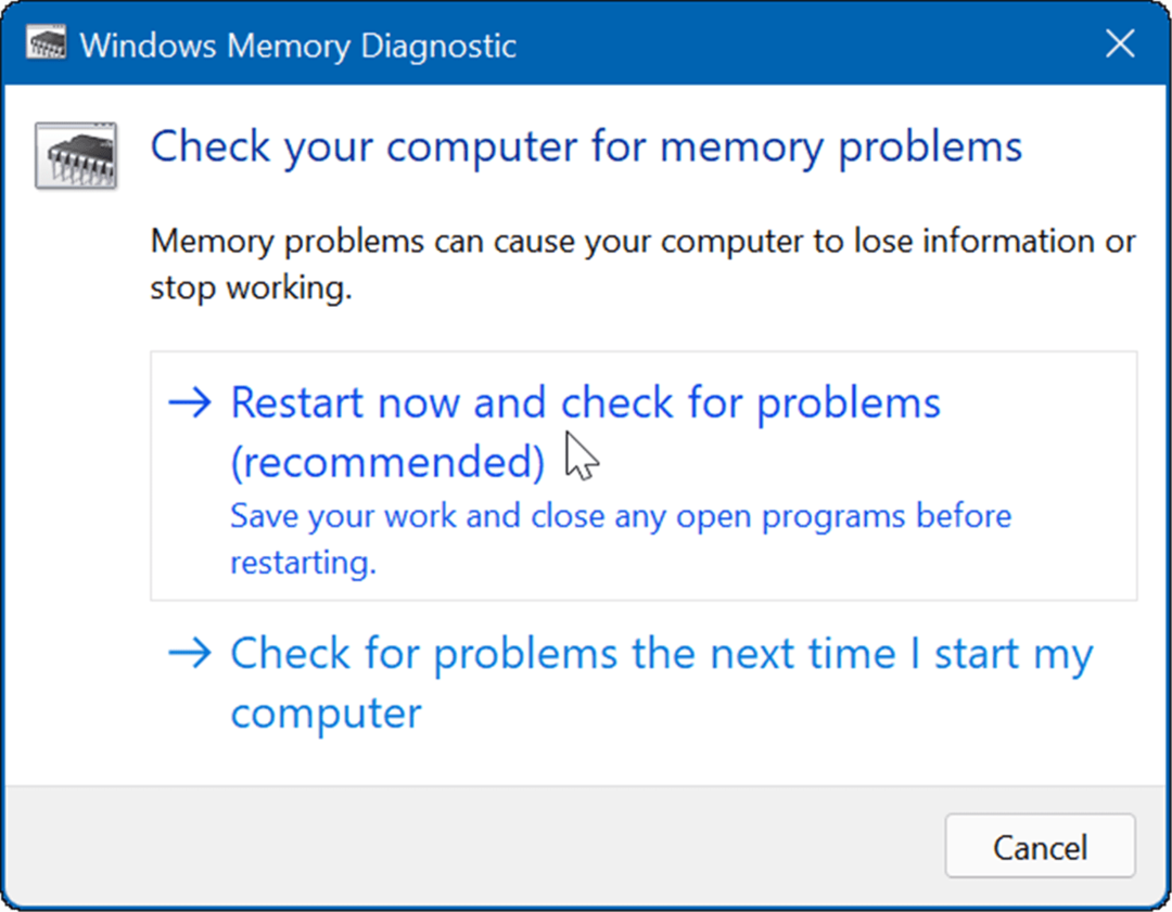 Windows atmiņas diagnostikas restartēšana un pārbaude