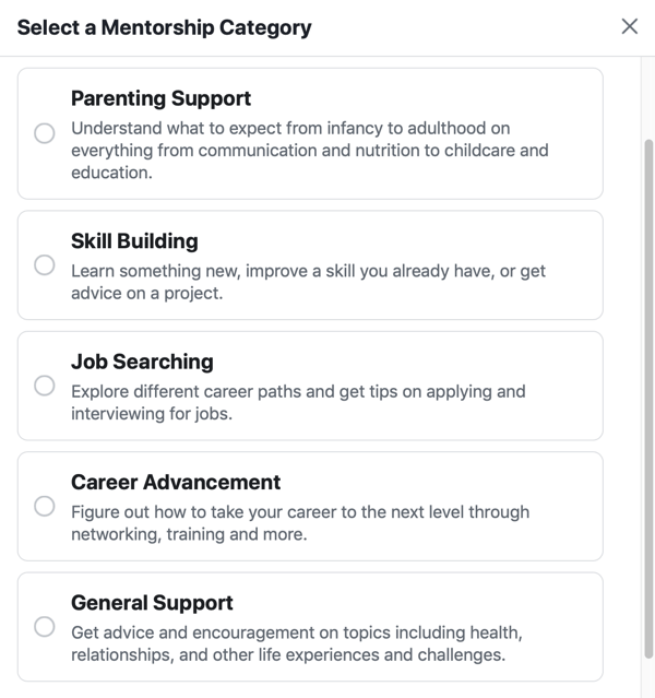 Kā uzlabot savu Facebook grupas kopienu, piemēri par Facebook mentoringa kategorijām