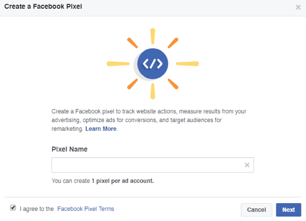 Pievienojiet sava Facebook pikseļa nosaukumu.