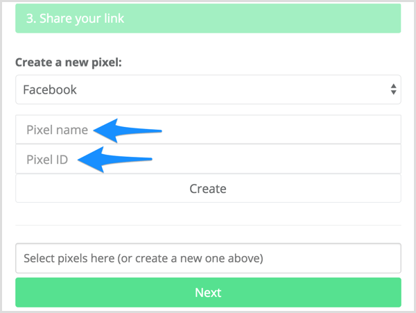 Vietnē Meteor.link ievadiet pikseļu nosaukumu un pikseļu ID.