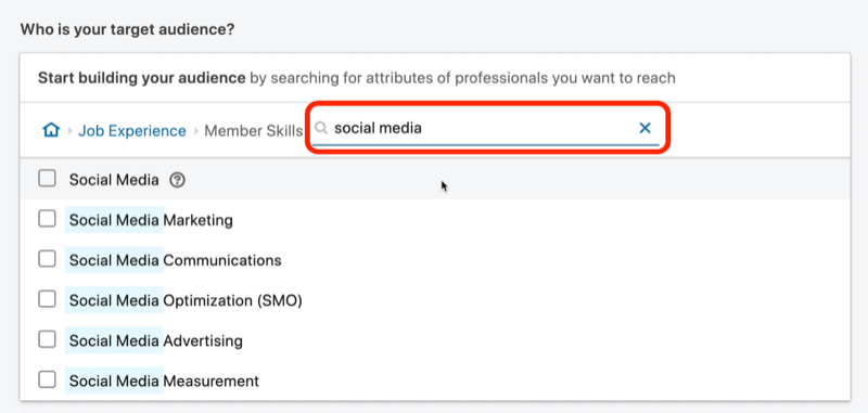 “sociālo mediju” dalībnieku prasmju meklēšanas rezultātu ekrānuzņēmums vietnē LinkedIn