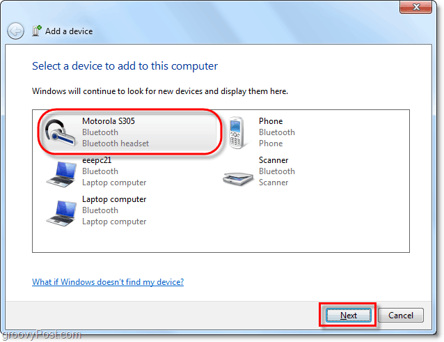 Windows 7 pievienojiet ierīces vedni un noklikšķiniet uz Tālāk