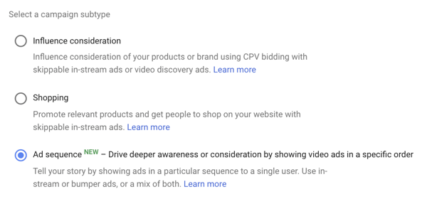 Kā izveidot YouTube reklāmu kampaņu, 39. darbība. Reklāmu secības iestatīšanas opcija