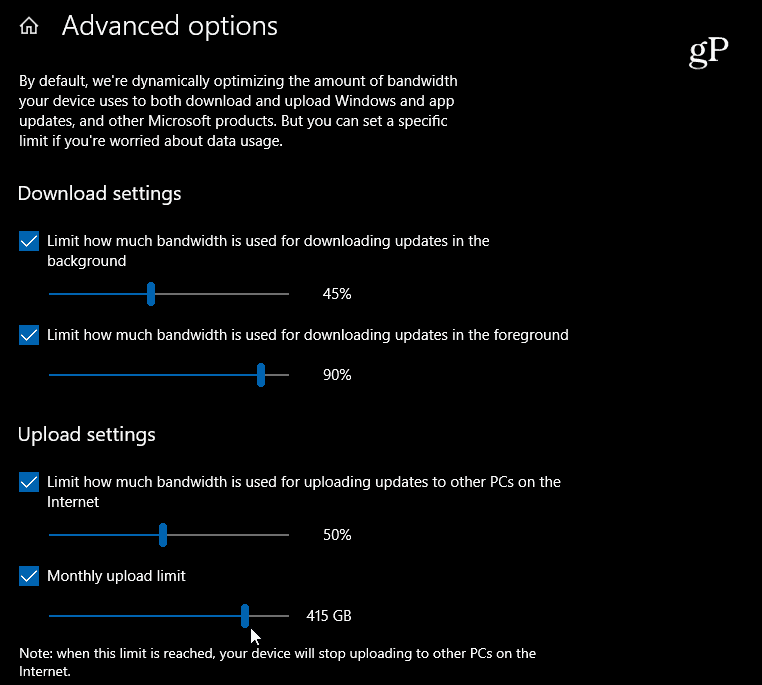 Windows 10 iestatiet lejupielādes un augšupielādes joslas platuma iestatījumus