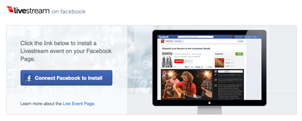 Lai instalētu Livestream savā Facebook lapā, noklikšķiniet uz pogas Savienot Facebook, lai instalētu.