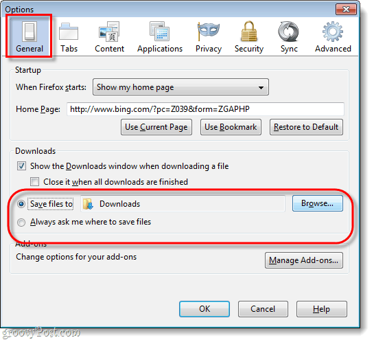 Firefox 4 vispārīgās iespējas un lejupielādes iestatījumi