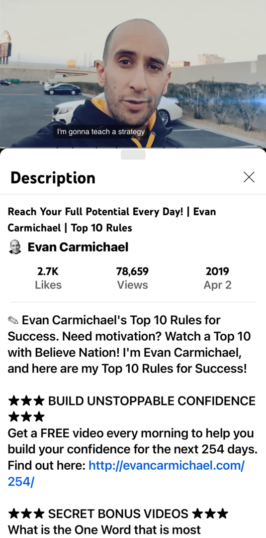 Evan Carmichael YouTube videoklipa attēls un apraksts mobilajā lietotnē