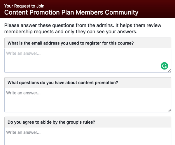 Palūdziet potenciālajiem Facebook grupas dalībniekiem atbildēt uz kvalificējošiem jautājumiem.