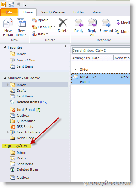 Outlook 2010 ekrānuzņēmums, kā pievienot papildu pastkasti