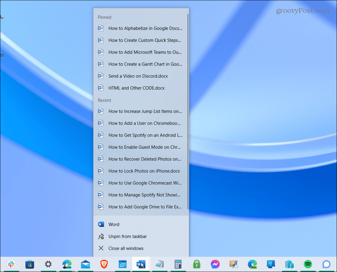 Palieliniet pārlēcienu saraksta vienumus operētājsistēmā Windows 