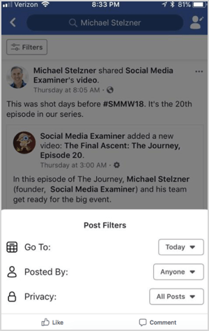 Facebook profila meklēšanas filtra funkcija, kuru savvaļā atrada Maiks Stelsners.
