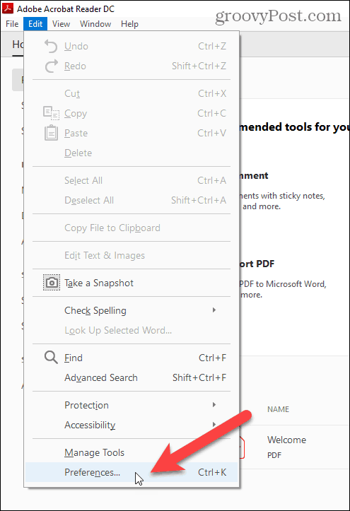 Adobe Acrobat Reader izvēlnē Rediģēt atlasiet Preferences