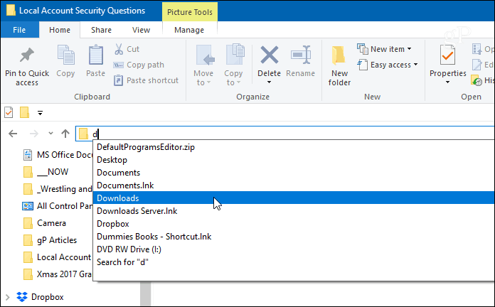 Automātiskās pabeigšanas piemērs File Explorer