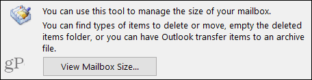 Skatiet pastkastes lielumu programmā Outlook