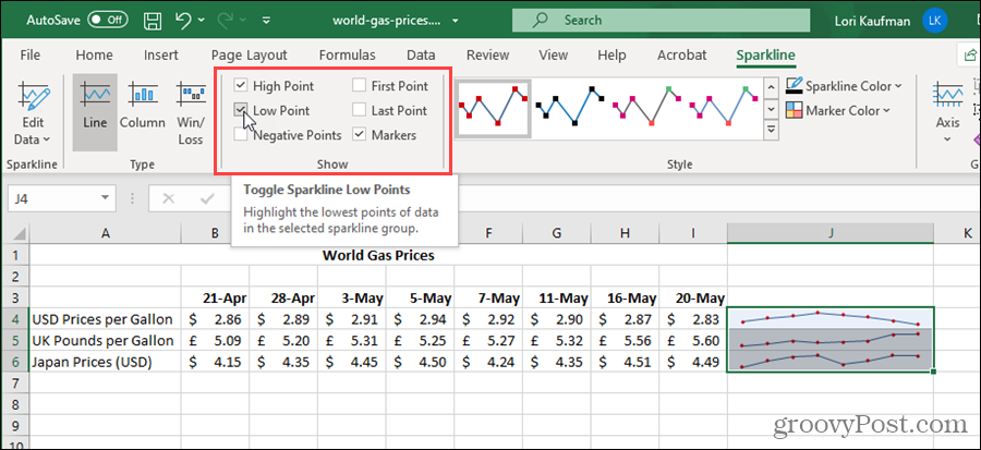 Parādīt opcijas Sparklines programmā Excel