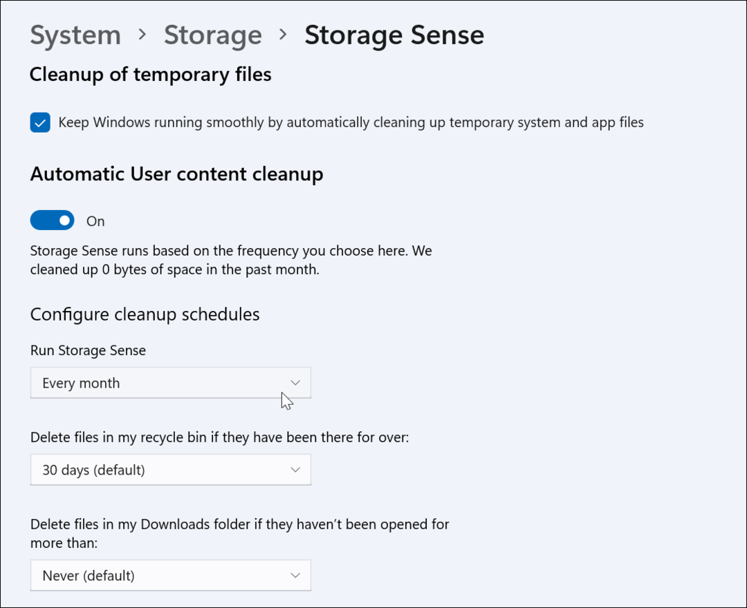 Kā iespējot un konfigurēt Storage Sense operētājsistēmā Windows 11