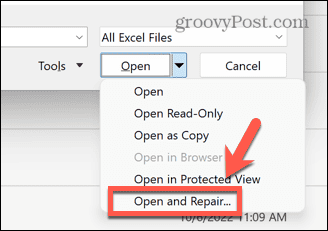 Excel atvērtais un remonta dokuments