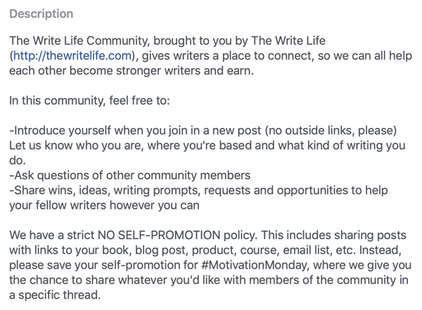 Kā uzlabot savu Facebook grupas kopienu, The Write Life Community Facebook grupas apraksta un noteikumu piemērs